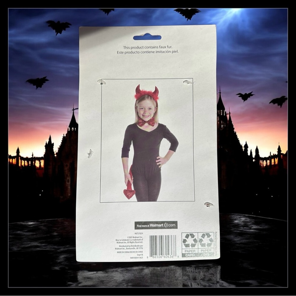 Sparkly Red Devil Costume Kit - 3 piece set- Bow tie, Tail, & Headband w/ horns - Picture 3 of 4